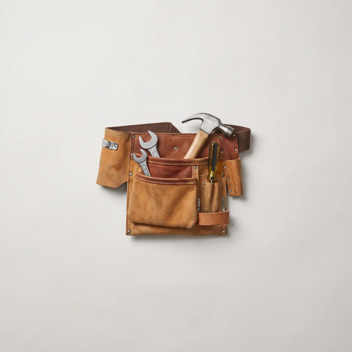 A well-worn leather tool belt holding a hammer, wrenches and a screwdriver