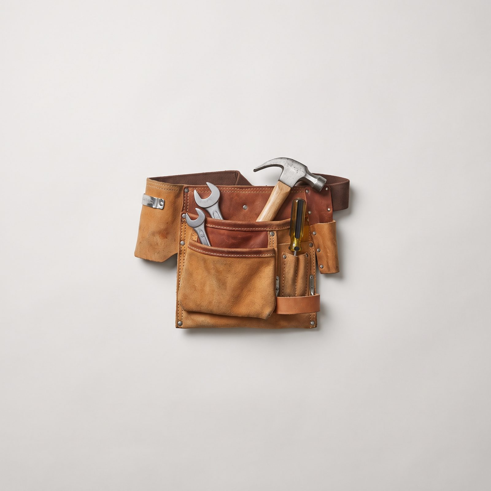 A well-worn leather tool belt holding a hammer, wrenches and a screwdriver